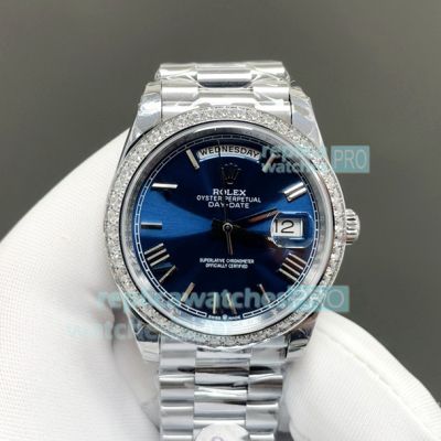 8+ Factory Super Clone Rolex Day-Date 40 Blue Face Diamond Gain Weight President Watch 